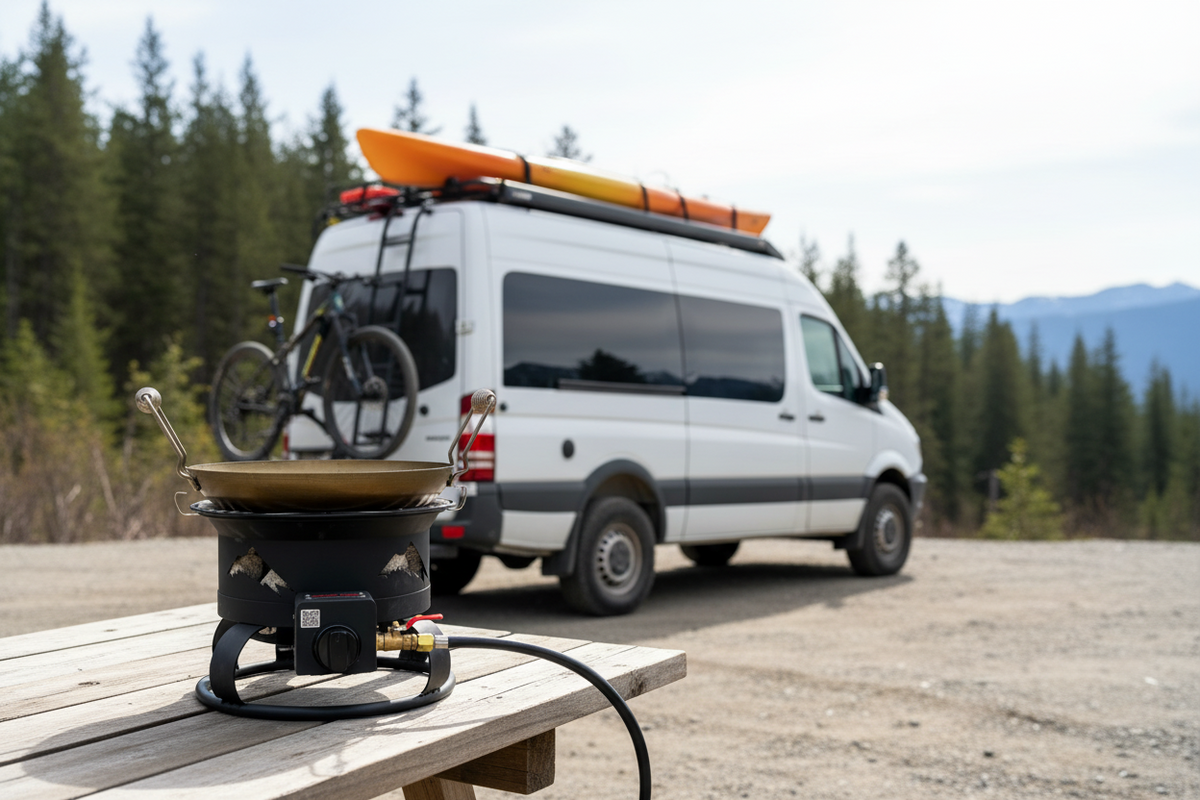 Van with kayak on top and bike attached, parked on a dirt road with trees and mountains in the background.
