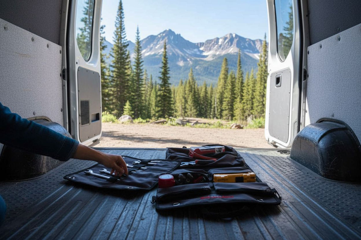 Van interior with tools in tool roll on a road trip in a mountainous area